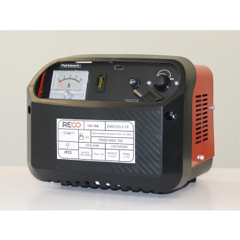 Prostownik samochodowy RECO 12V 15A w metalowej obudowie do akumulatorów WET oraz EFB